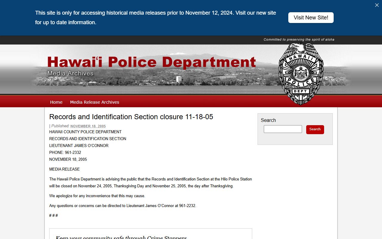 Hawaii County Police Department records page for Big Island public records