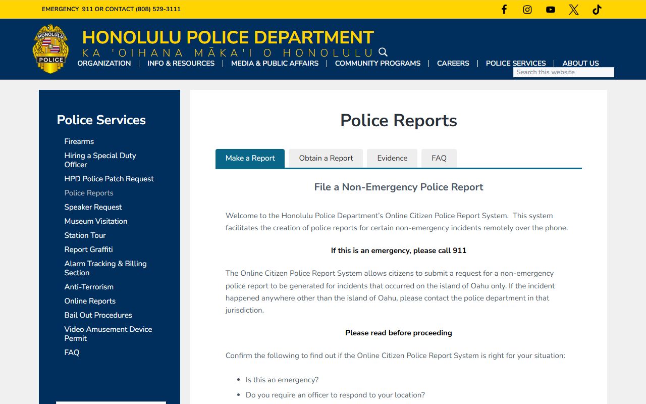 Urban Honolulu police records request portal for public records