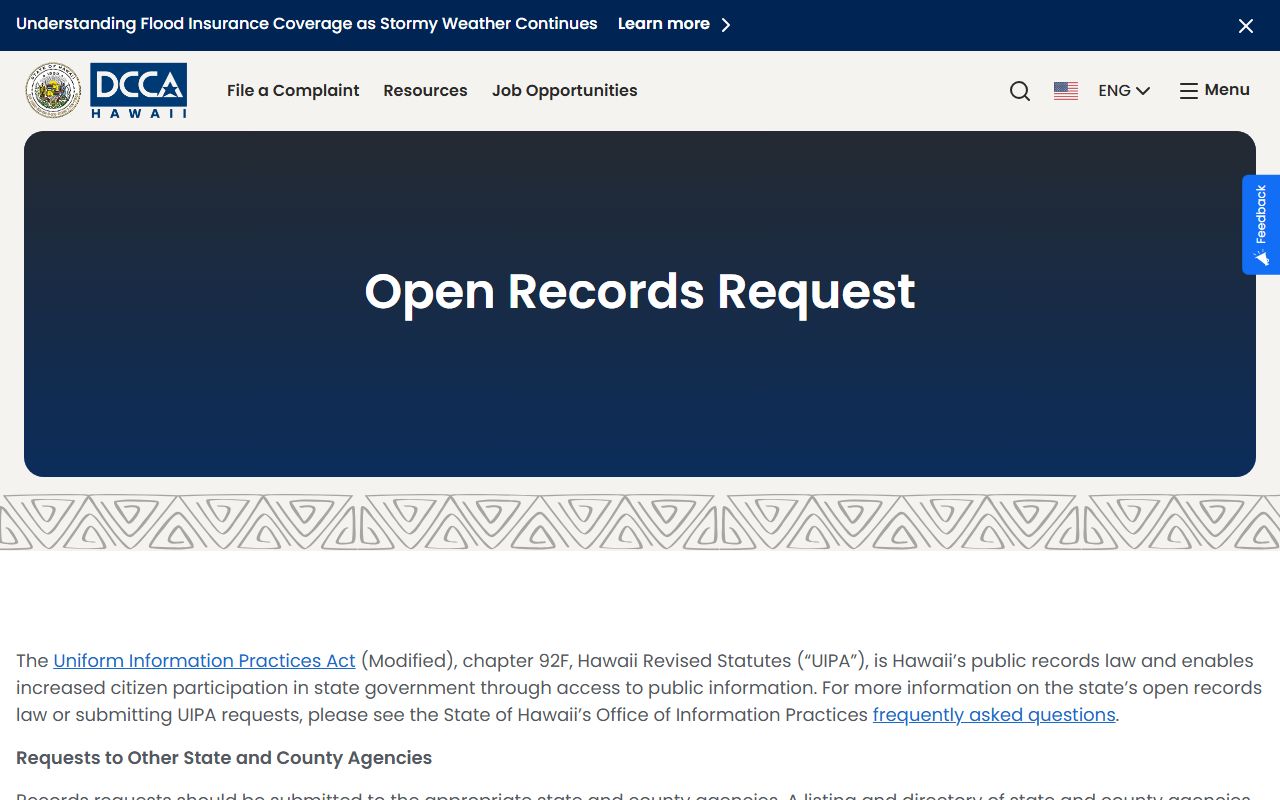 Hawaii DCCA open records request page for public records