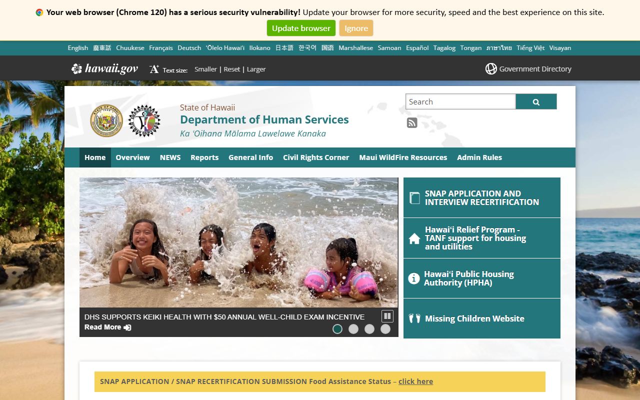 Hawaii Department of Human Services portal for public records on benefits